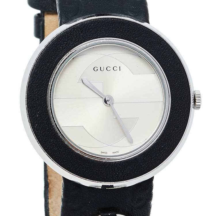 Pre Owned Gucci Silver Stainless Steel Leather U-Play 129.4 Women's Wristwatch 35 mm