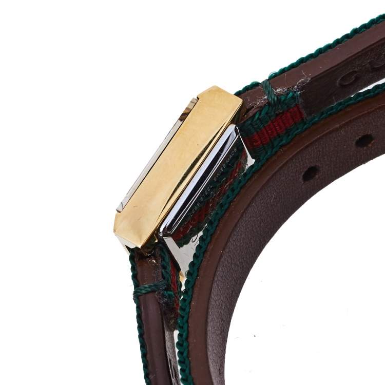 Pre Owned Gucci Gold PVD Stainless Steel Web Double Wrap G-Frame YA128527 Women's Wristwatch 14 mm