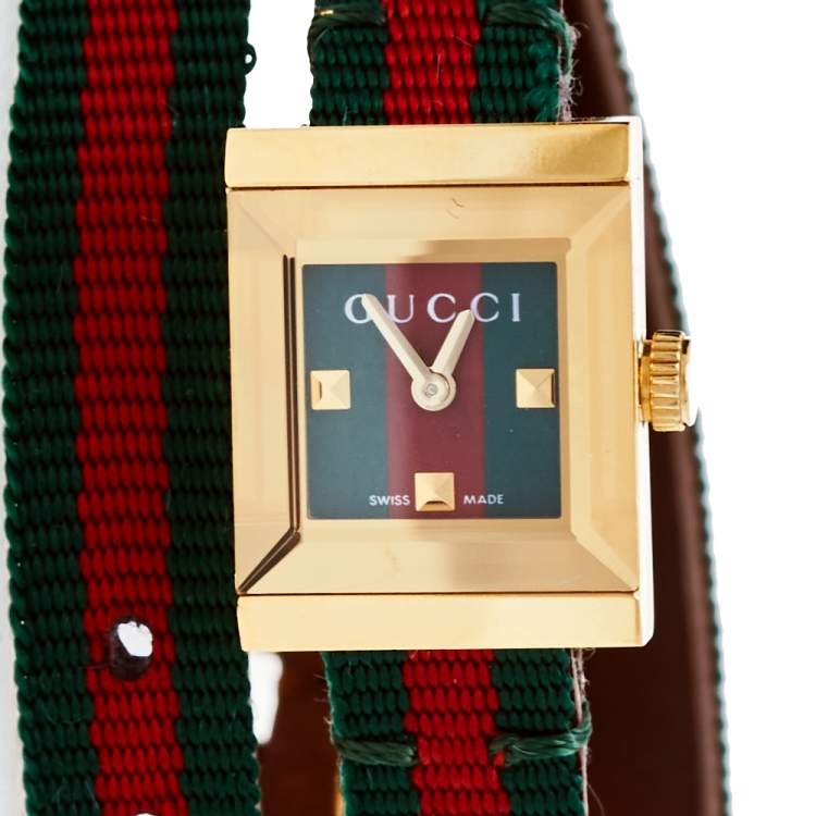 Pre Owned Gucci Gold PVD Stainless Steel Web Double Wrap G-Frame YA128527 Women's Wristwatch 14 mm