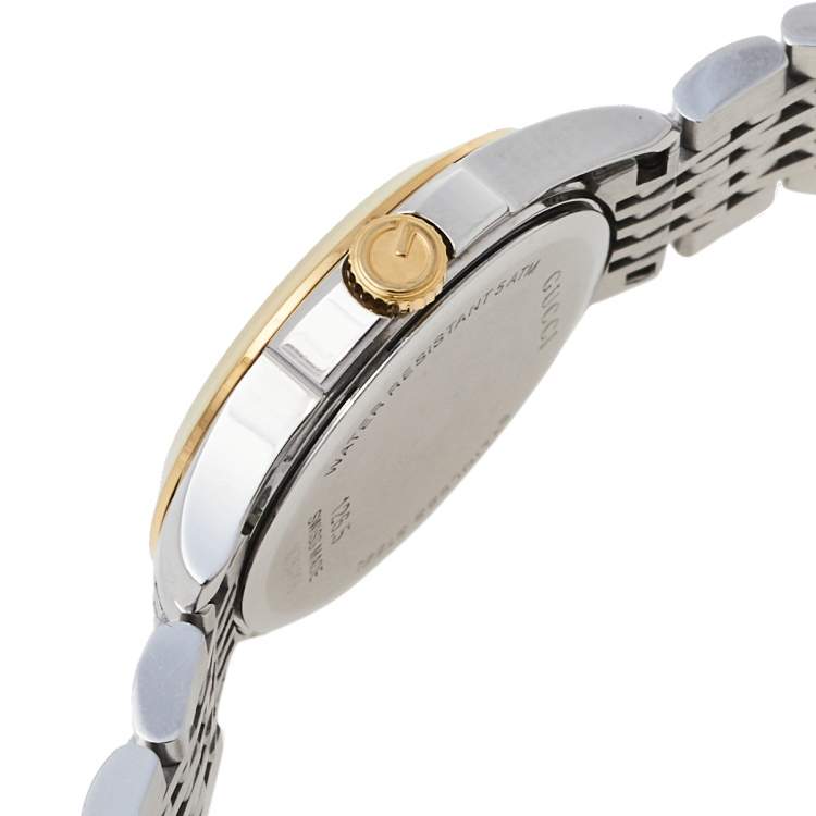 Pre Owned Gucci Mother Of Pearl Two-Tone Stainless Steel Diamond G-Timeless YA126513 Women's Wristwatch 27 mm