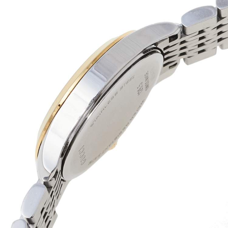 Pre Owned Gucci Mother Of Pearl Two-Tone Stainless Steel Diamond G-Timeless YA126513 Women's Wristwatch 27 mm
