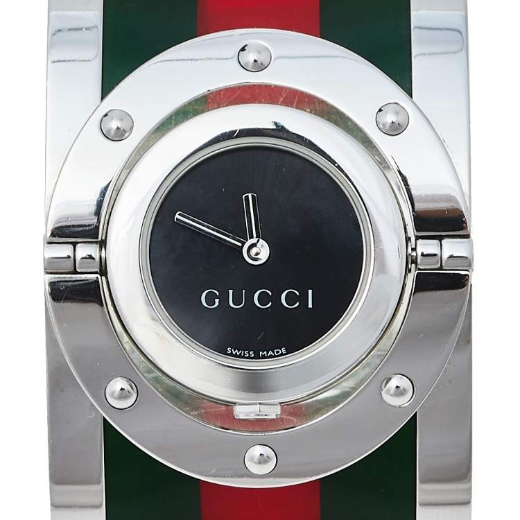 Pre Owned Gucci Black Stainless Steel Web Twirl Large YA112417 Women's Wristwatch 33 mm
