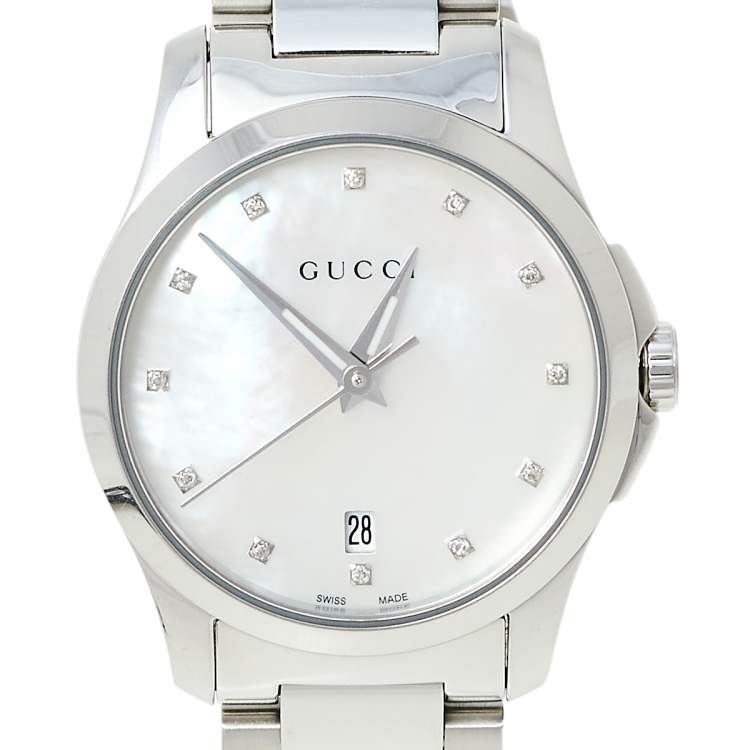 Pre Owned Gucci Mother of Pearl Stainless Steel G-Timeless YA126542 Women's Wristwatch 27 mm