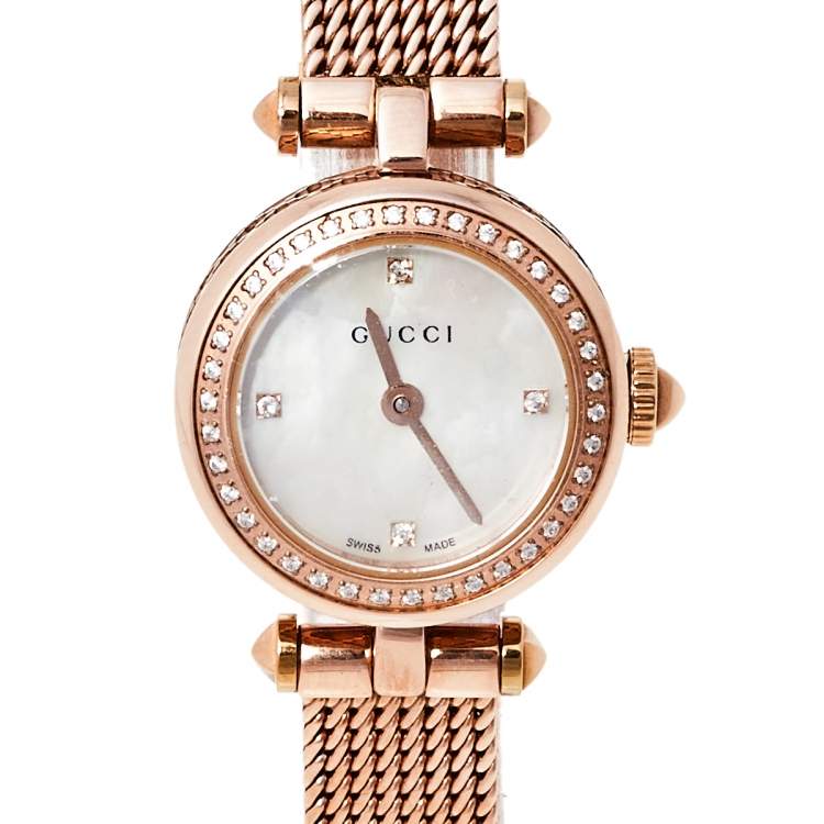 Pre Owned Gucci Mother Of Pearl Rose Gold Tone Stainless Steel Diamond Diamantissima YA141562 Women's Wristwatch 22 mm