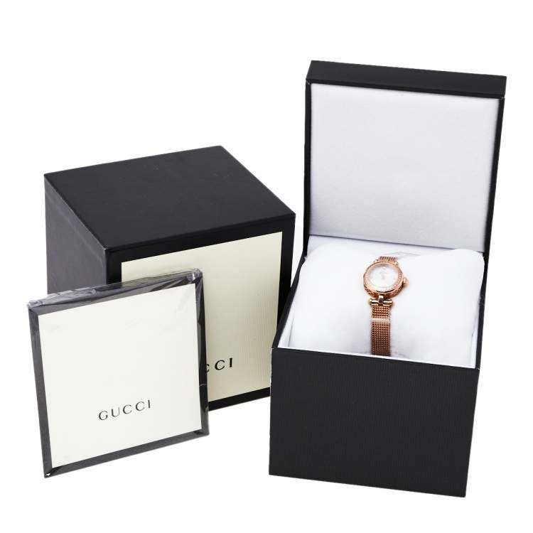 Pre Owned Gucci Mother Of Pearl Rose Gold Tone Stainless Steel Diamond Diamantissima YA141562 Women's Wristwatch 22 mm