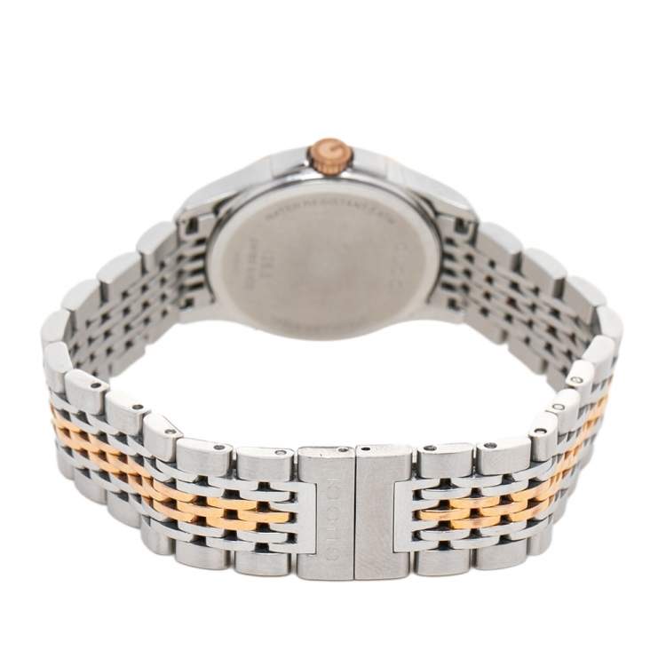 Pre Owned Gucci Mother of Pearl Two-Tone Stainless Steel Diamonds G-Timeless YA126514 Women's Wristwatch 27 mm