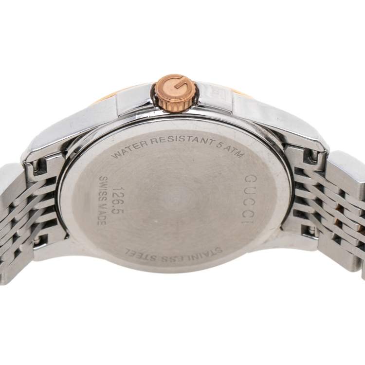 Pre Owned Gucci Mother of Pearl Two-Tone Stainless Steel Diamonds G-Timeless YA126514 Women's Wristwatch 27 mm