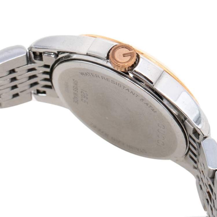 Pre Owned Gucci Mother of Pearl Two-Tone Stainless Steel Diamonds G-Timeless YA126514 Women's Wristwatch 27 mm