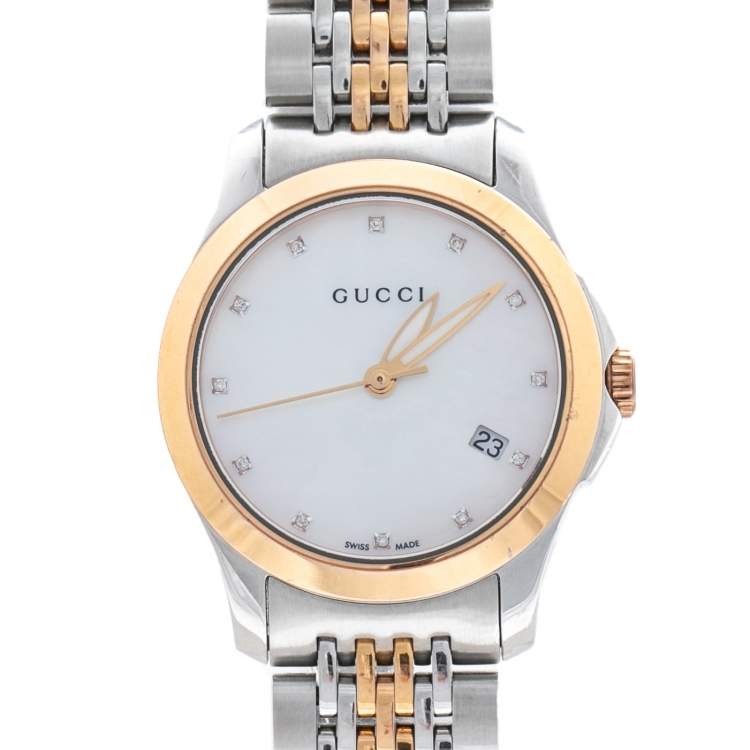 Pre Owned Gucci Mother of Pearl Two-Tone Stainless Steel Diamonds G-Timeless YA126514 Women's Wristwatch 27 mm