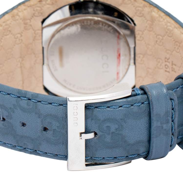 Pre Owned Gucci Silver Stainless Steel Leather U-Play YA129427 Women's Wristwatch 35 mm