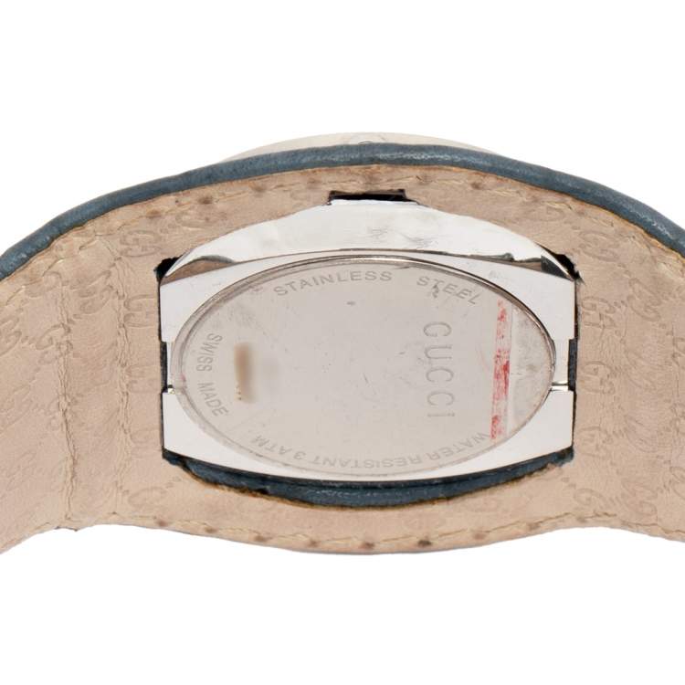 Pre Owned Gucci Silver Stainless Steel Leather U-Play YA129427 Women's Wristwatch 35 mm
