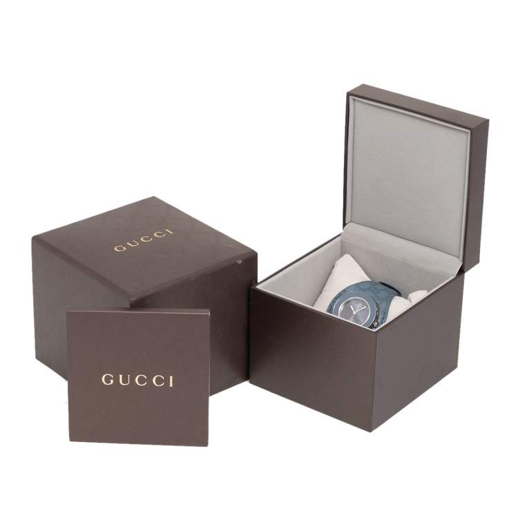 Pre Owned Gucci Silver Stainless Steel Leather U-Play YA129427 Women's Wristwatch 35 mm