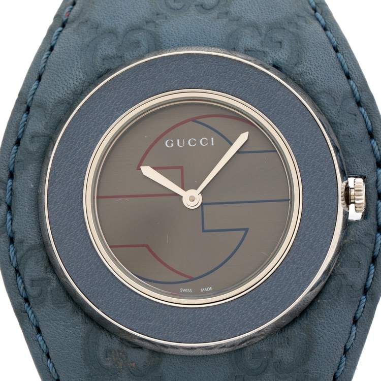 Pre Owned Gucci Silver Stainless Steel Leather U-Play YA129427 Women's Wristwatch 35 mm
