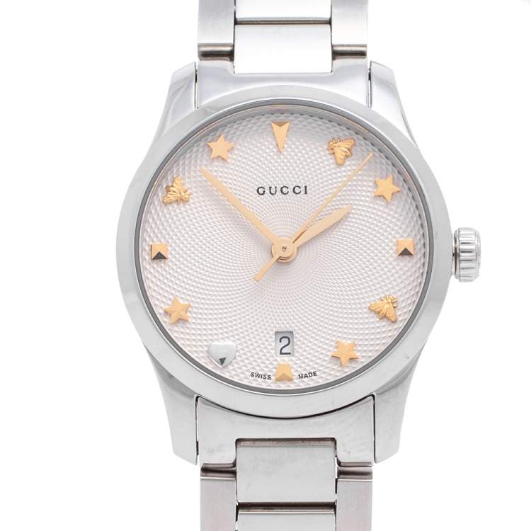 Pre Owned Gucci Silver White Stainless Steel G-Timeless 126.5 Women's Wristwatch 27 mm