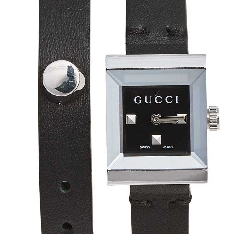 Pre Owned Gucci Black Stainless Steel Leather G-Frame 128.5 Women's Wristwatch 14 mm