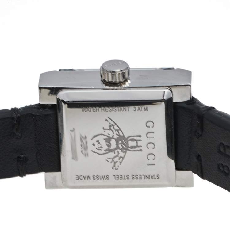 Pre Owned Gucci Black Stainless Steel Leather G-Frame 128.5 Women's Wristwatch 14 mm