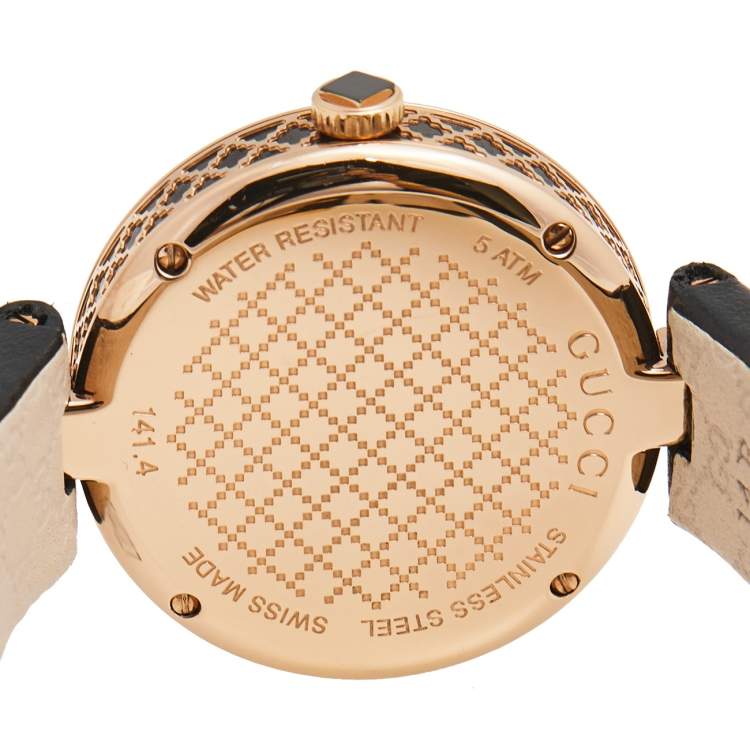 Pre Owned Gucci Black Rose Gold Plated Stainless Steel Leather Diamantissima 141.4 Women's Wristwatch 32 mm