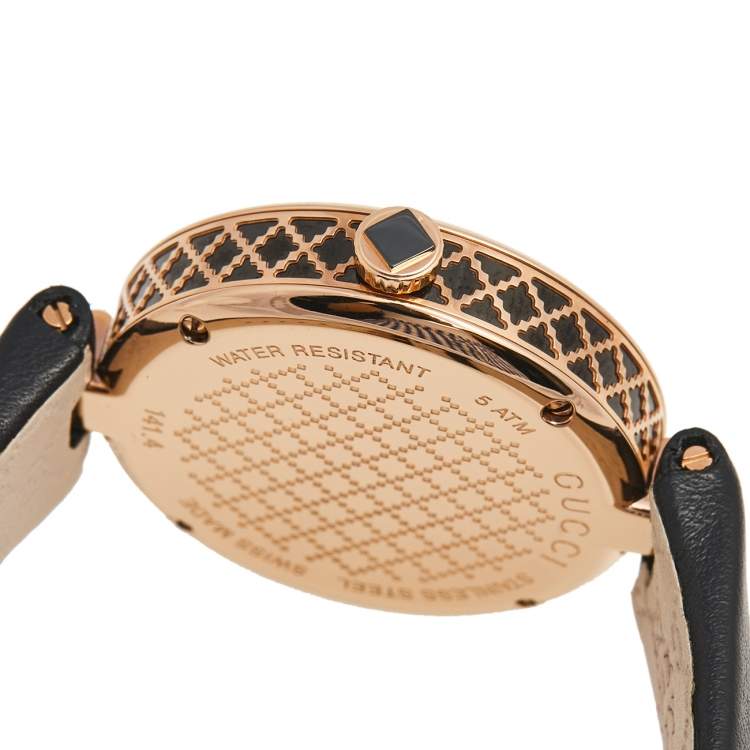 Pre Owned Gucci Black Rose Gold Plated Stainless Steel Leather Diamantissima 141.4 Women's Wristwatch 32 mm