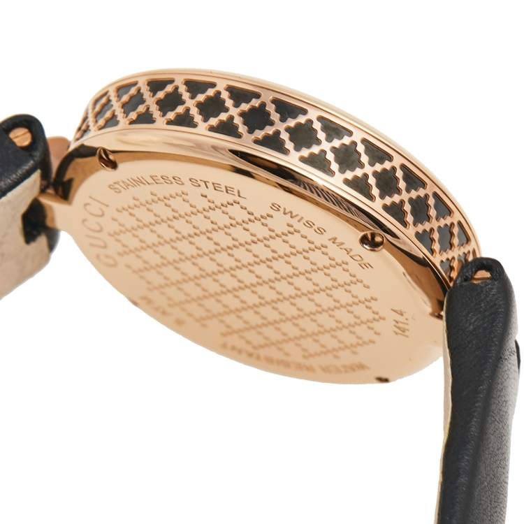Pre Owned Gucci Black Rose Gold Plated Stainless Steel Leather Diamantissima 141.4 Women's Wristwatch 32 mm