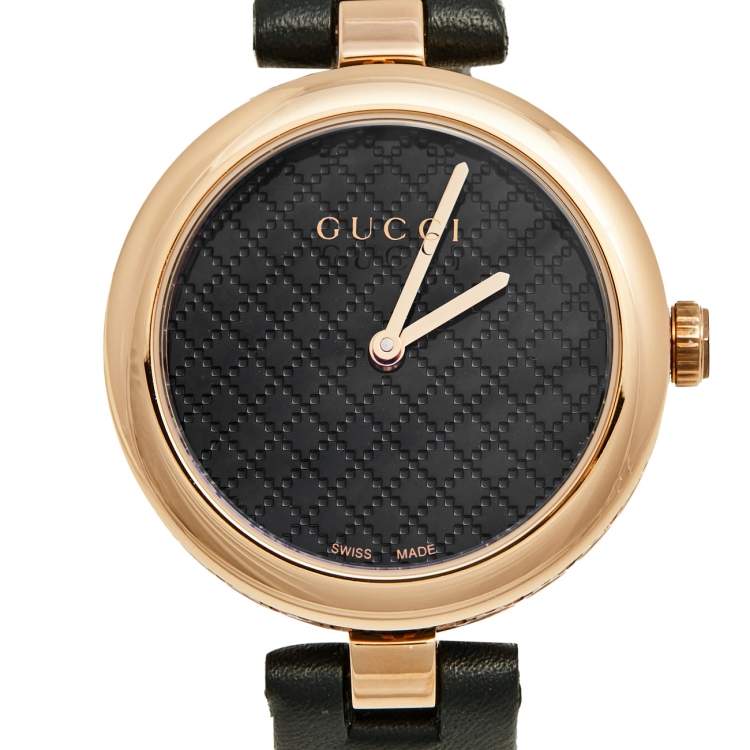 Pre Owned Gucci Black Rose Gold Plated Stainless Steel Leather Diamantissima 141.4 Women's Wristwatch 32 mm