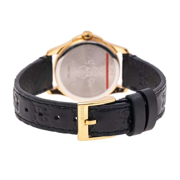 Pre Owned Gucci Black Gold Plated Stainless Steel Leather G-Timeless 126.5 Women's Wristwatch 27 mm