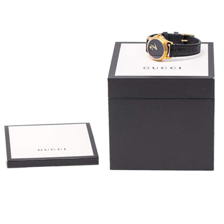 Pre Owned Gucci Black Gold Plated Stainless Steel Leather G-Timeless 126.5 Women's Wristwatch 27 mm