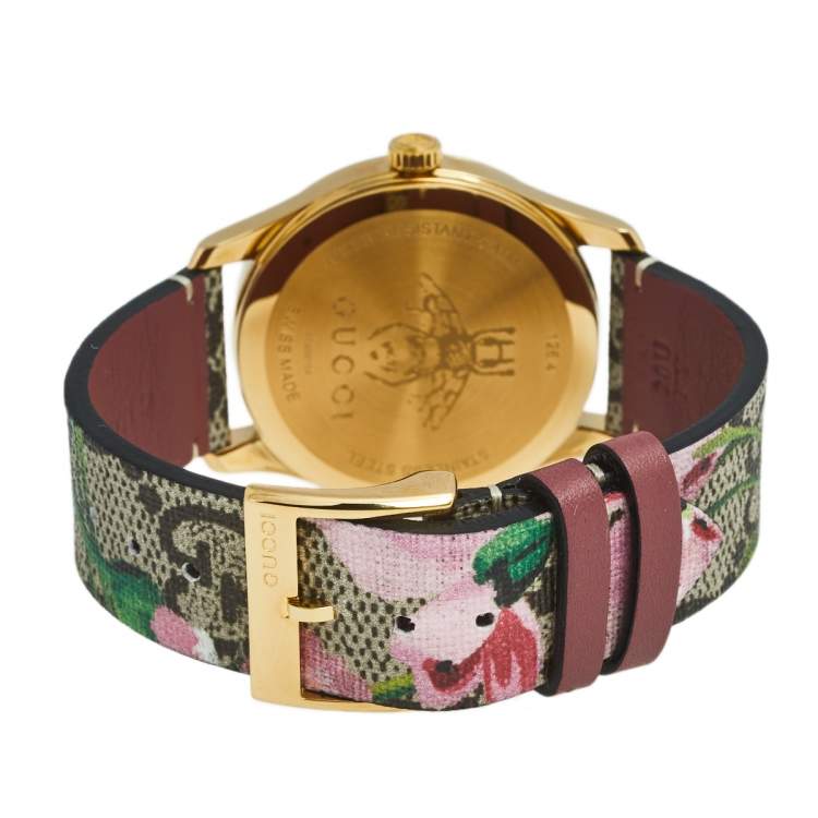 Pre Owned Gucci Pink Blooms Print Gold Plated Stainless Leather Steel G-Timeless 126.4 Women's Wristwatch 36 mm