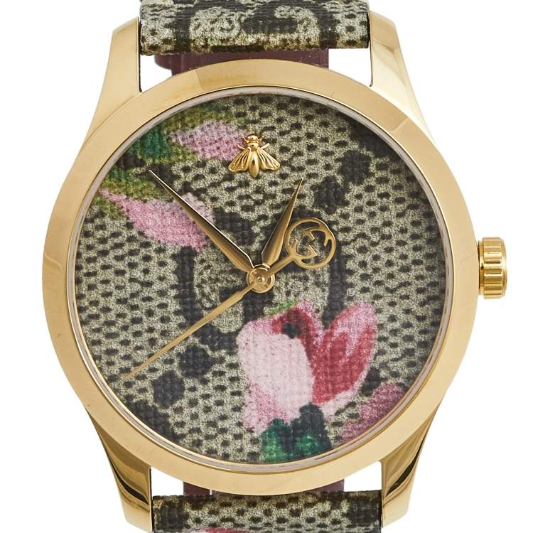 Pre Owned Gucci Pink Blooms Print Gold Plated Stainless Leather Steel G-Timeless 126.4 Women's Wristwatch 36 mm