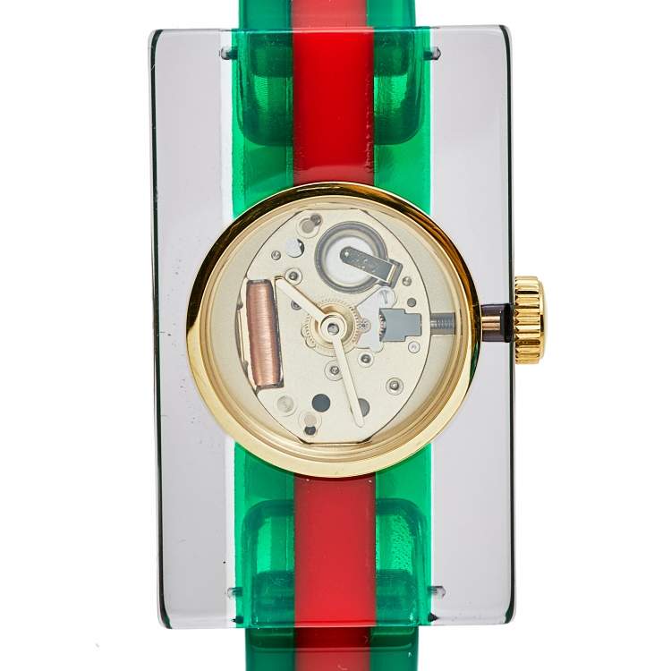 Pre Owned Gucci Skeleton Plexiglass Gold Plated Stainless Steel 143.5 Women's Wristwatch 24 mm
