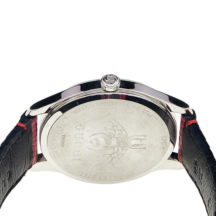 Pre Owned Gucci Red Mother Of Pearl Stainless Steel Lizard Skin Leather G-Timeless 126.4 Women's Wristwatch 36 mm