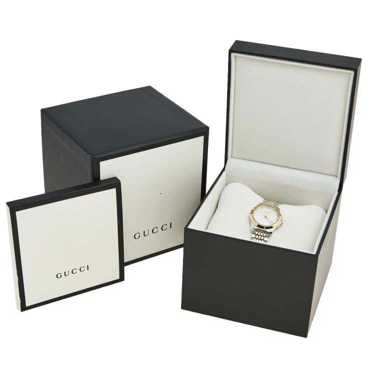 Pre Owned Gucci Mother of Pearl Two Tone Stainless Steel G-Timeless 126.5 Women's Wristwatch 27 mm