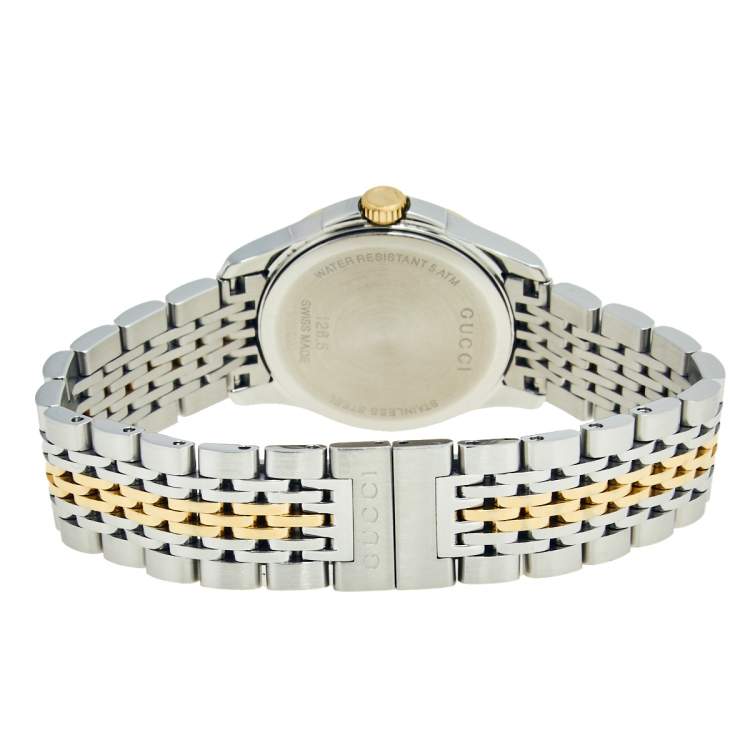 Pre Owned Gucci Mother of Pearl Two Tone Stainless Steel G-Timeless 126.5 Women's Wristwatch 27 mm