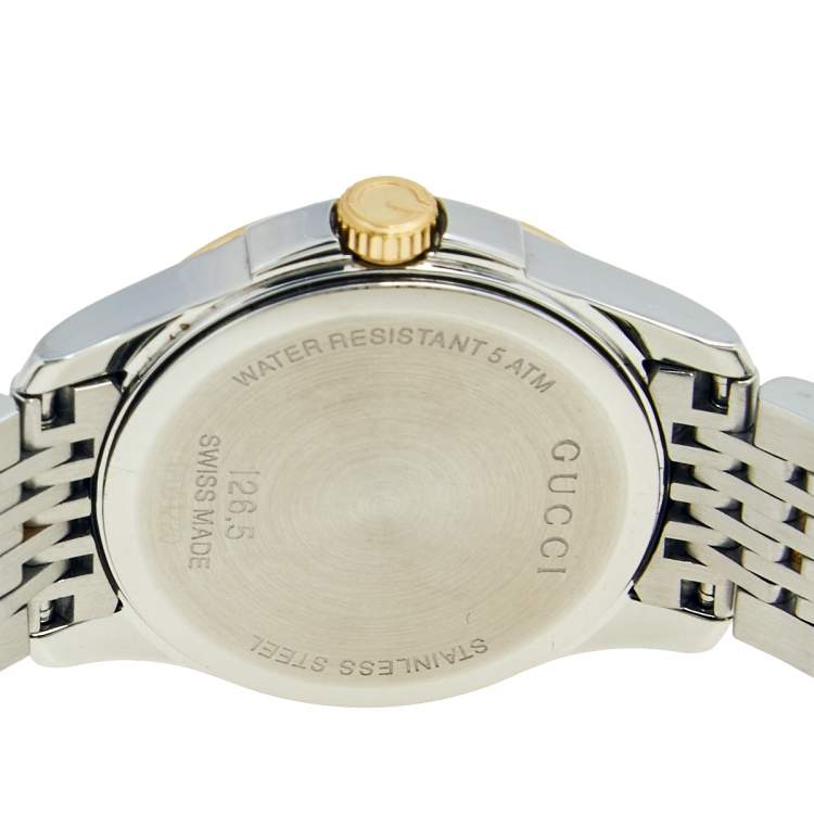 Pre Owned Gucci Mother of Pearl Two Tone Stainless Steel G-Timeless 126.5 Women's Wristwatch 27 mm