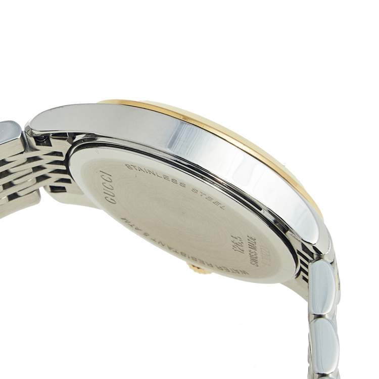 Pre Owned Gucci Mother of Pearl Two Tone Stainless Steel G-Timeless 126.5 Women's Wristwatch 27 mm