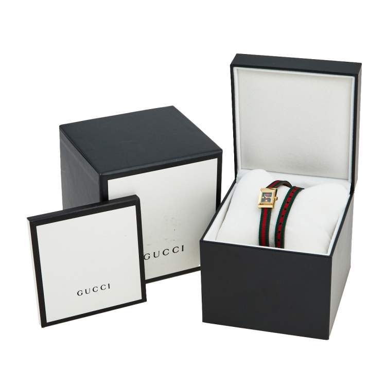 Pre Owned Gucci Green Red Yellow Gold Plated Stainless Steel Leather G-Frame 128.5 Women's Wristwatch 14 mm
