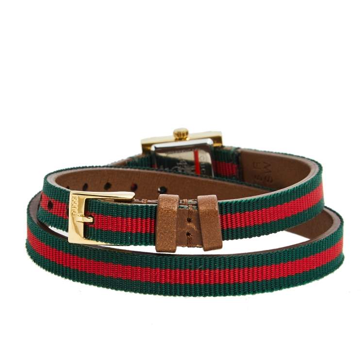 Pre Owned Gucci Green Red Yellow Gold Plated Stainless Steel Leather G-Frame 128.5 Women's Wristwatch 14 mm