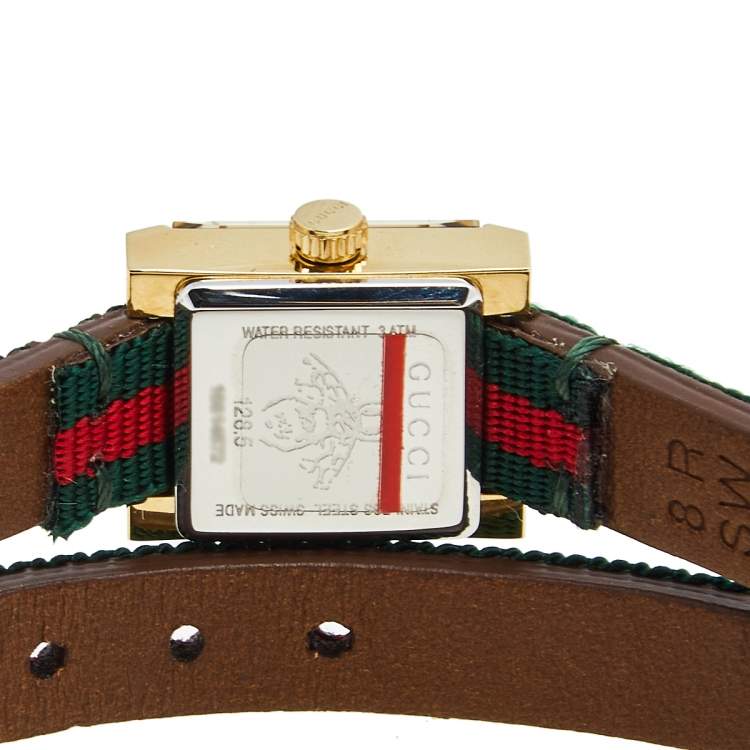 Pre Owned Gucci Green Red Yellow Gold Plated Stainless Steel Leather G-Frame 128.5 Women's Wristwatch 14 mm