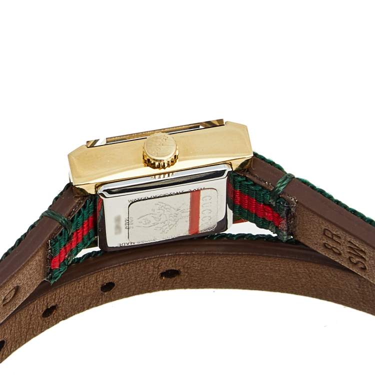 Pre Owned Gucci Green Red Yellow Gold Plated Stainless Steel Leather G-Frame 128.5 Women's Wristwatch 14 mm