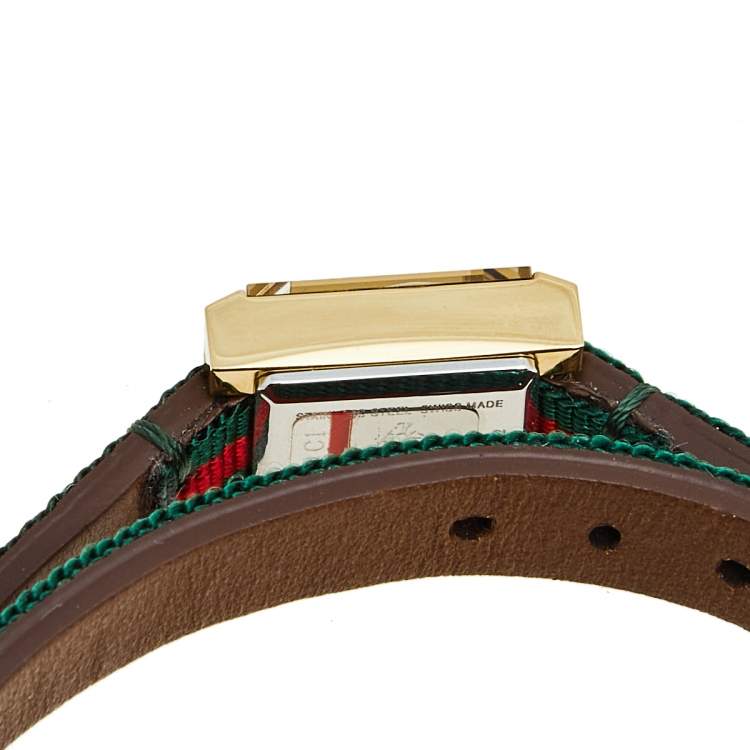 Pre Owned Gucci Green Red Yellow Gold Plated Stainless Steel Leather G-Frame 128.5 Women's Wristwatch 14 mm