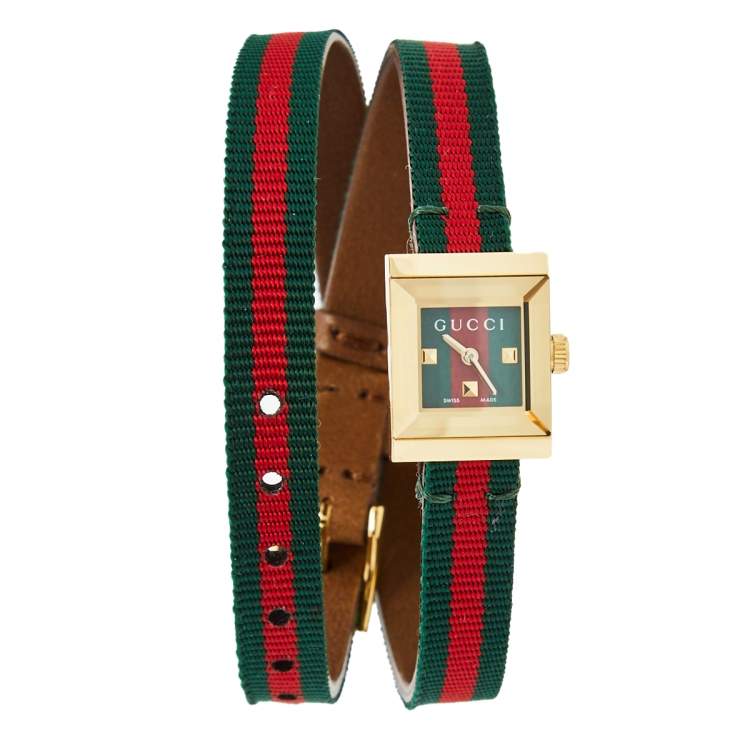 Gucci Green Red Yellow Gold Plated Stainless Steel Leather G-Frame 128. ...