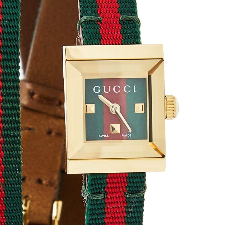Pre Owned Gucci Green Red Yellow Gold Plated Stainless Steel Leather G-Frame 128.5 Women's Wristwatch 14 mm