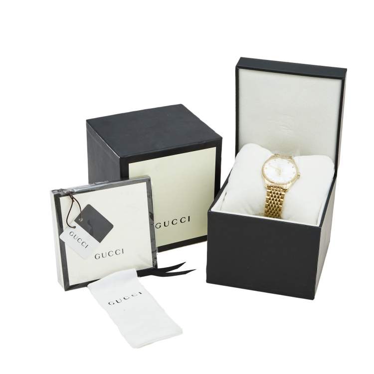 Pre Owned Gucci Silver Sunburst Yellow Gold PVD Coated Stainless Steel G-Timeless 126.4 Women's Wristwatch 36 mm