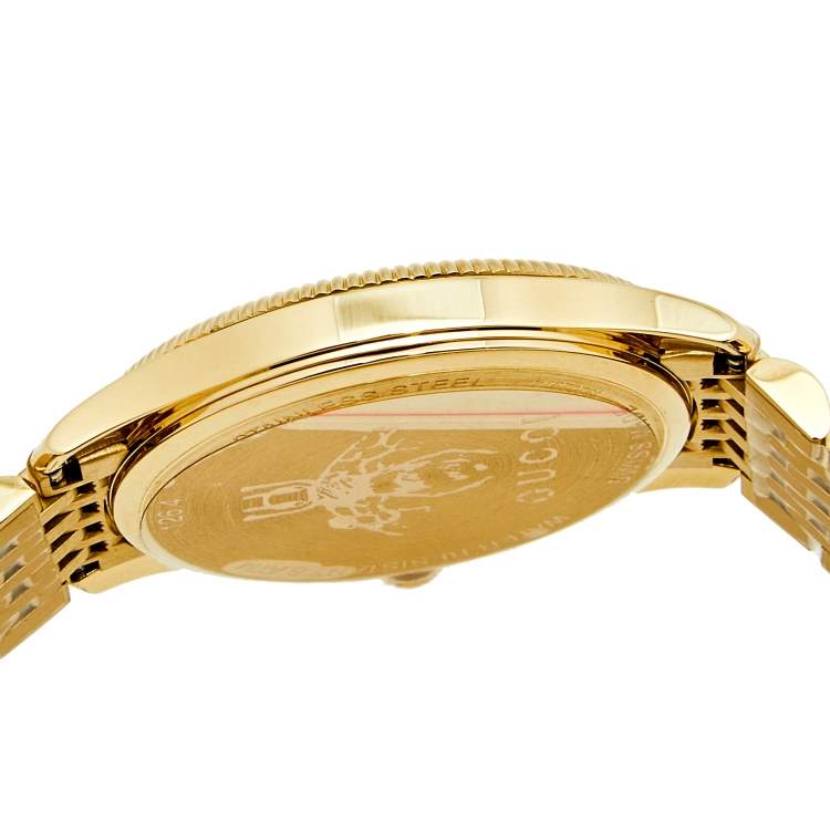 Pre Owned Gucci Silver Sunburst Yellow Gold PVD Coated Stainless Steel G-Timeless 126.4 Women's Wristwatch 36 mm