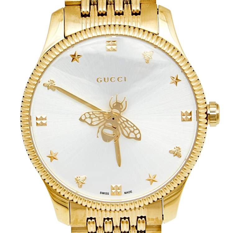 Pre Owned Gucci Silver Sunburst Yellow Gold PVD Coated Stainless Steel G-Timeless 126.4 Women's Wristwatch 36 mm