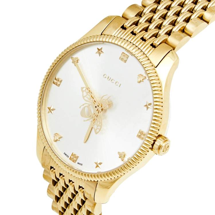 Pre Owned Gucci Silver Sunburst Yellow Gold PVD Coated Stainless Steel G-Timeless 126.4 Women's Wristwatch 36 mm