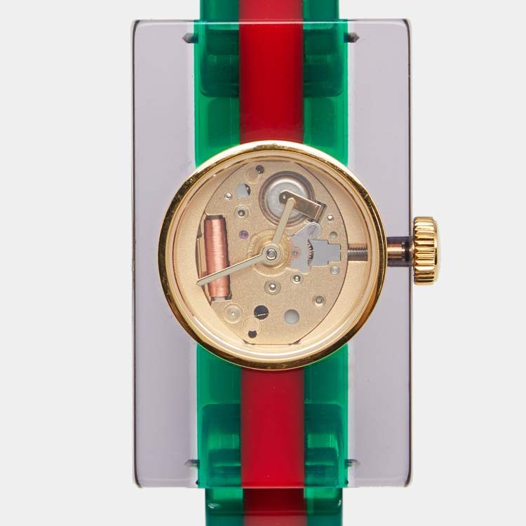 Pre Owned Gucci Skeleton Plexiglass Gold Plated Stainless Steel 143.5 Women's Wristwatch 24 mm