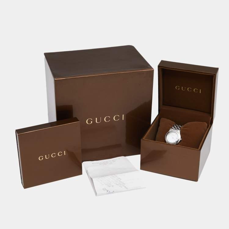 Pre Owned Gucci Mother of Pearl Stainless Steel Diamond G-Class YA055510 Women's Wristwatch 27 mm