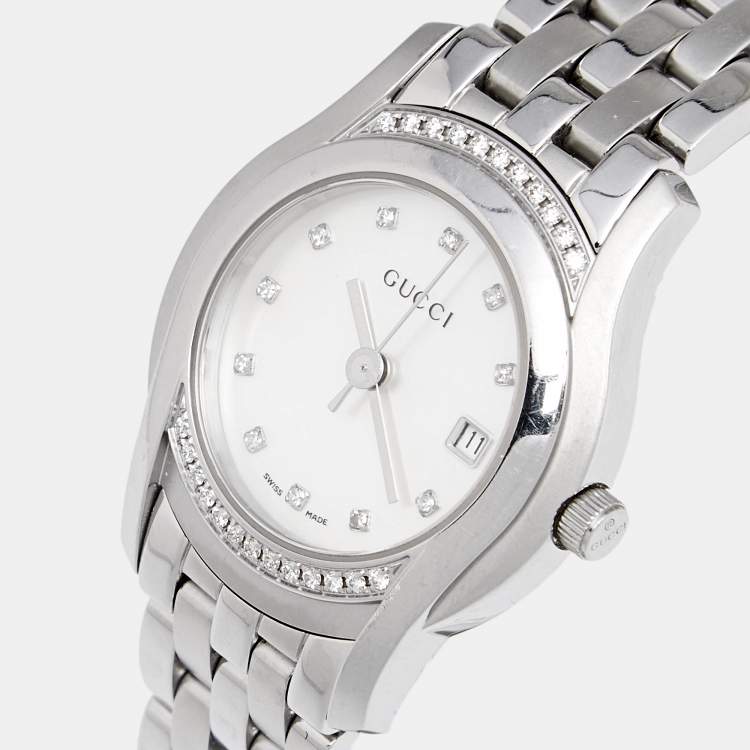 Pre Owned Gucci Mother of Pearl Stainless Steel Diamond G-Class YA055510 Women's Wristwatch 27 mm