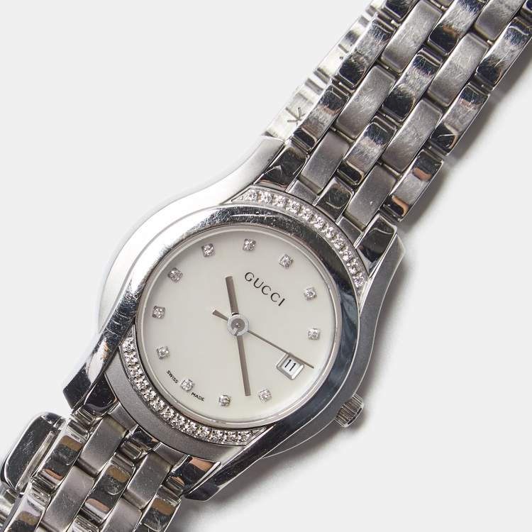 Pre Owned Gucci Mother of Pearl Stainless Steel Diamond G-Class YA055510 Women's Wristwatch 27 mm