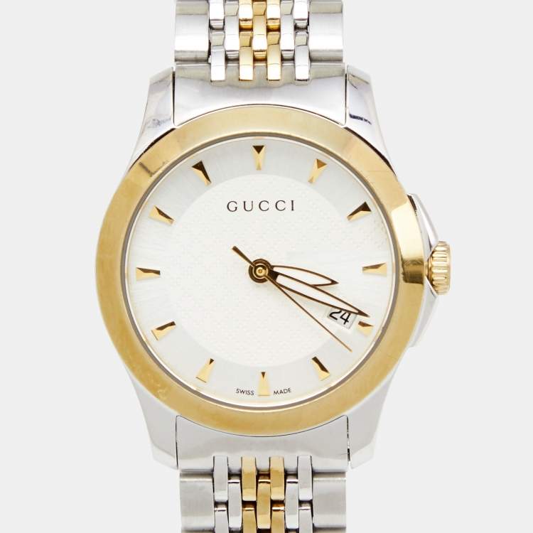 Pre Owned Gucci Silver Two Tone Stainless Steel G-Timeless YA126511 Women's Wristwatch 27 mm
